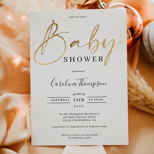 Modern elegant chic gold script font baby shower invitation (Modern elegant chic gold script font baby shower invitation)