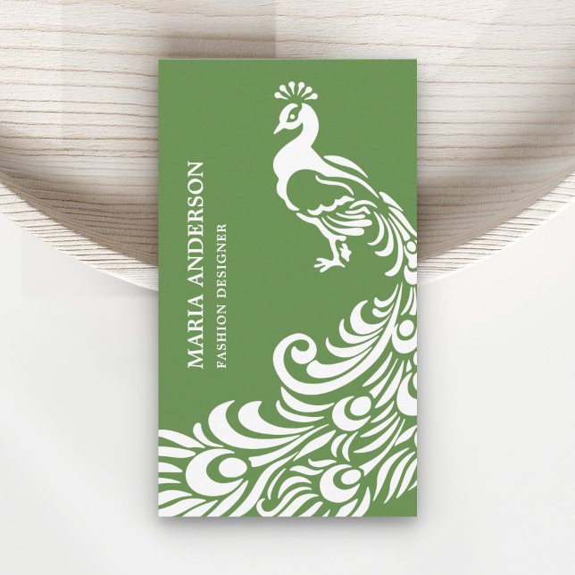Modern Elegant Chic Green and White Peacock Business Card (Creator Uploaded)