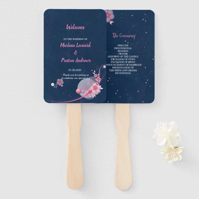 Modern elegant chic pink floral Wedding Program Hand Fan (Front and Back)