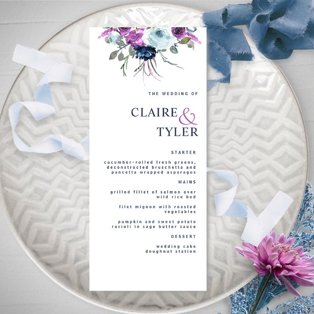 Modern Elegant Chic Purple and Blue Floral Wedding Menu (Creator Uploaded)