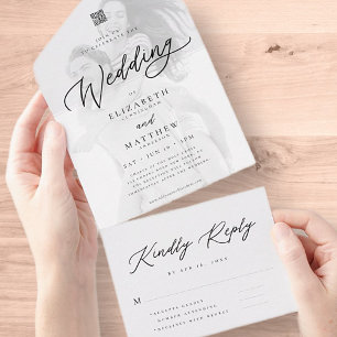 Modern Elegant Chic Simple QR Code Wedding Photo All In One Invitation