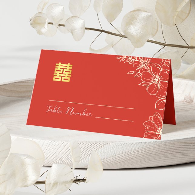 Modern elegant Chinese wedding floral script red Place Card (Creator Uploaded)