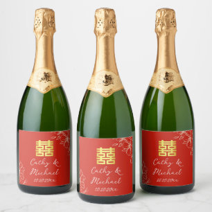 Modern elegant Chinese wedding floral script red Sparkling Wine Label