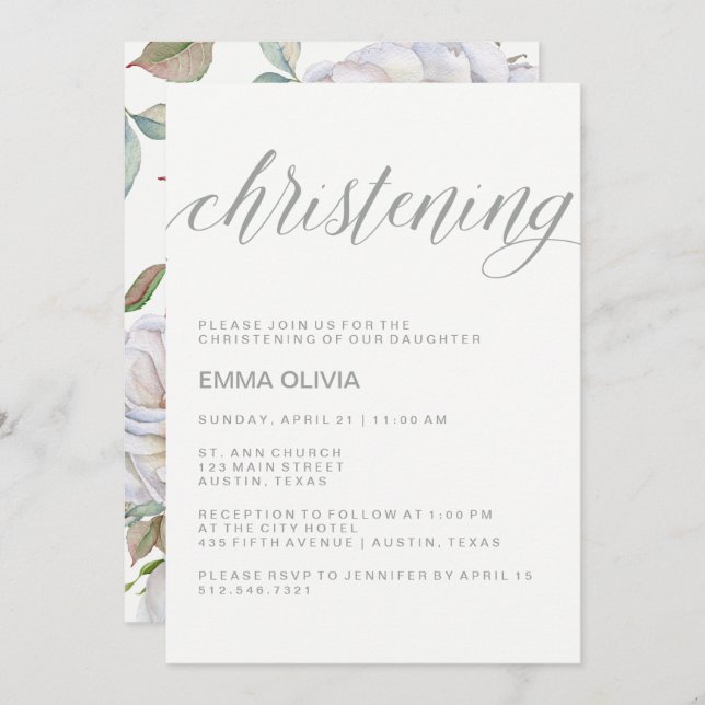 Modern Elegant Christening | Delicate Floral Back Invitation (Front/Back)
