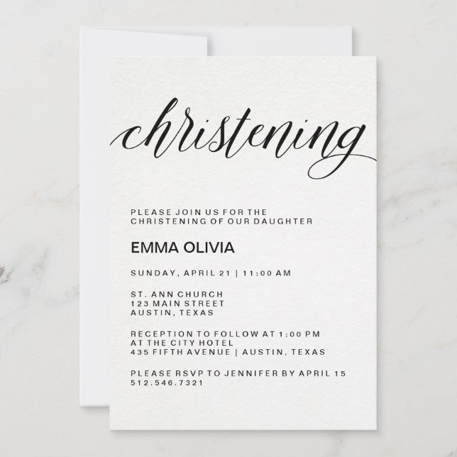 Modern Elegant Christening Text | Watercolor Paper Invitation (Front)