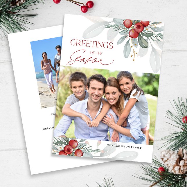 Modern Elegant Christmas Greenery Photo Holiday Card (Creator Uploaded)