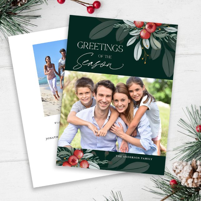 Modern Elegant Christmas Greenery Photo Holiday Card (Creator Uploaded)