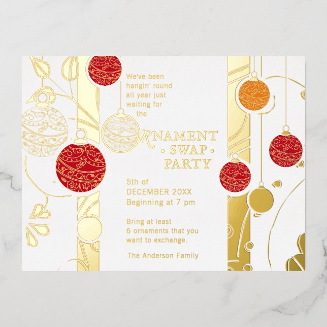Modern Elegant Christmas Ornament Exchange Party Foil Invitation Postcard (Front)
