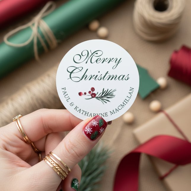 Modern Elegant Christmas Pine Greenery Classic Round Sticker (Creator Uploaded)