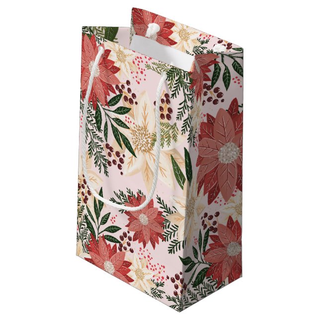 Modern Elegant Christmas Poinsettia Holiday Small Gift Bag (Back Angled)