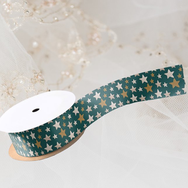 Modern Elegant Christmas Star Pattern Green Satin Ribbon (Creator Uploaded)
