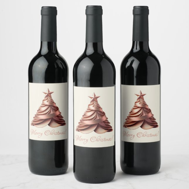 Modern Elegant Christmas Tree-Rose Gold Wine Label (Bottles)