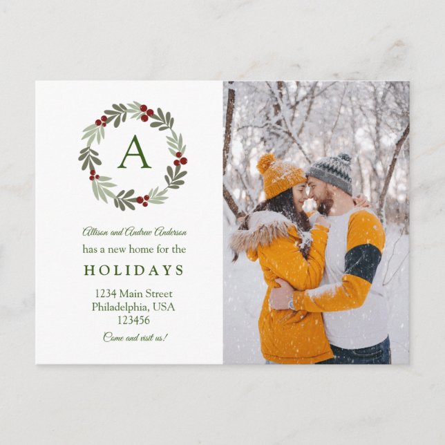 Modern Elegant Christmas Wreath Photo Moving Announcement Postcard (Front)