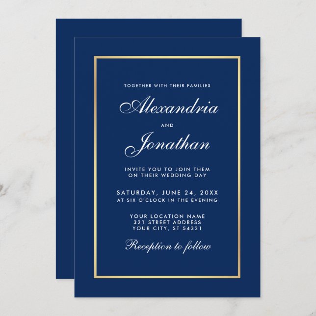 Modern Elegant Classic Blue Gold Frame Wedding Invitation (Front/Back)