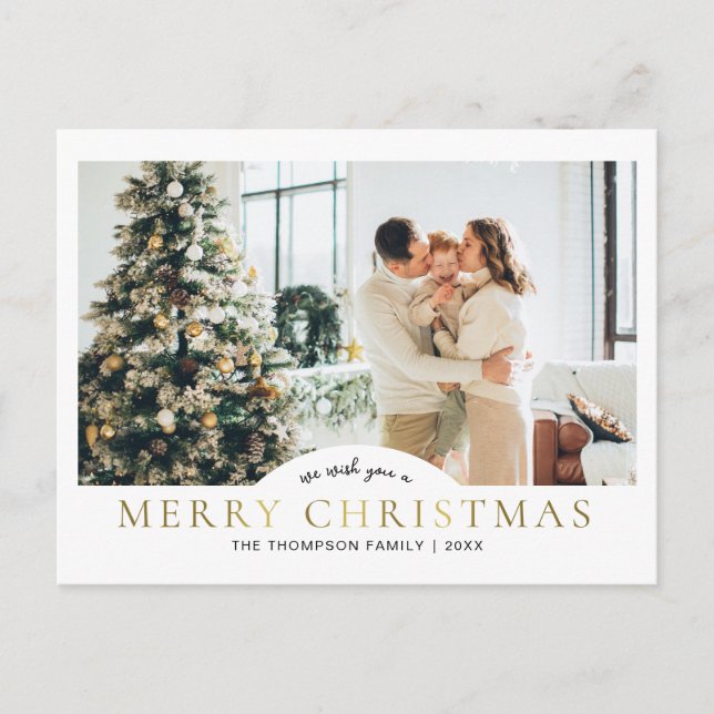 Modern Elegant Classic Gold Merry Christmas Photo Holiday Postcard (Front)
