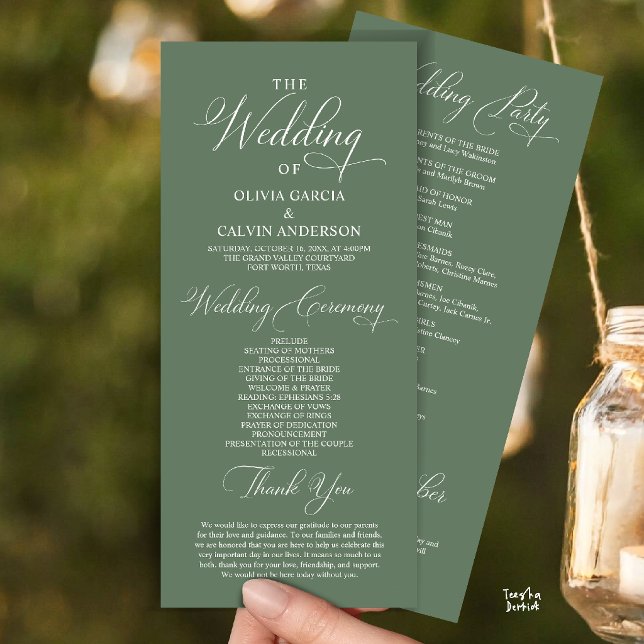 Modern Elegant Classy Wedding Ceremony Order Programme (Modern Elegant Classy Wedding Ceremony Order Program Card in sage green)