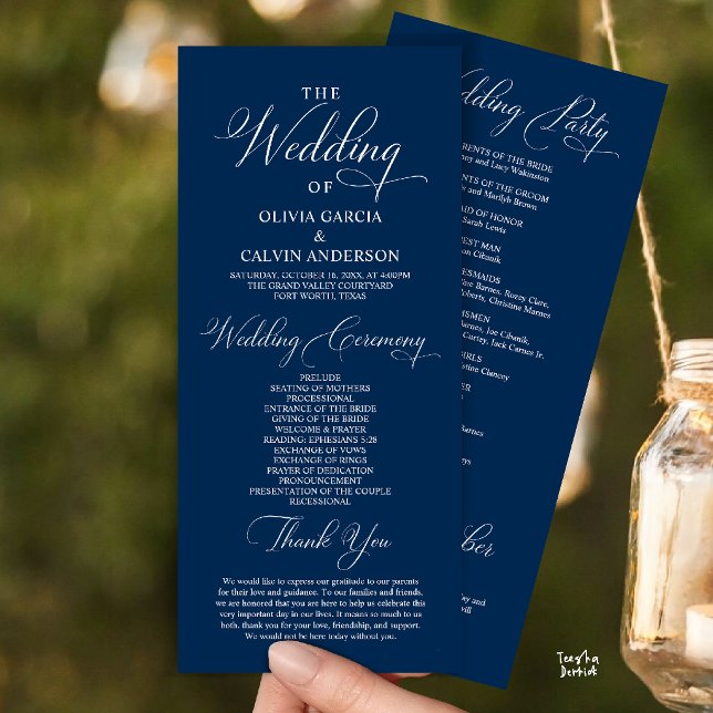 Modern Elegant Classy Wedding Ceremony Order Programme (Modern Elegant Classy Wedding Ceremony Order Program Card in Navy Blue)