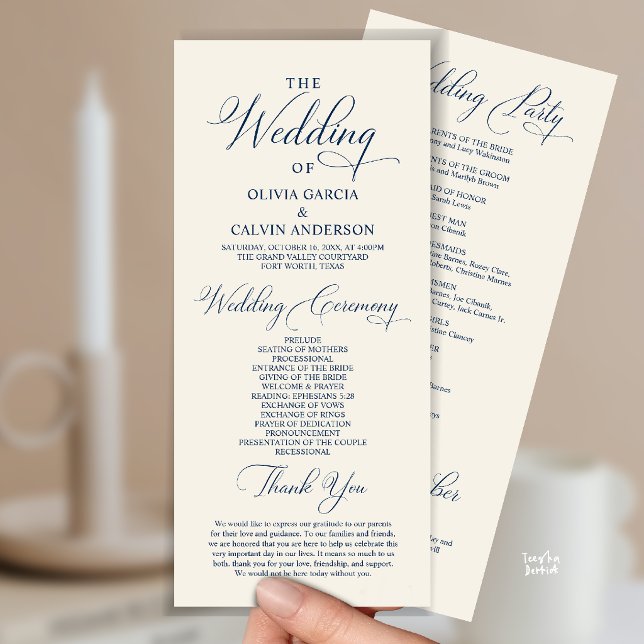 Modern Elegant Classy Wedding Ceremony Order Programme (Modern Elegant Classy Wedding Ceremony Order Program Card in Navy Blue and ivory)