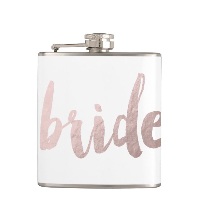 modern elegant clear faux rose gold "bride" hip flask (Front)