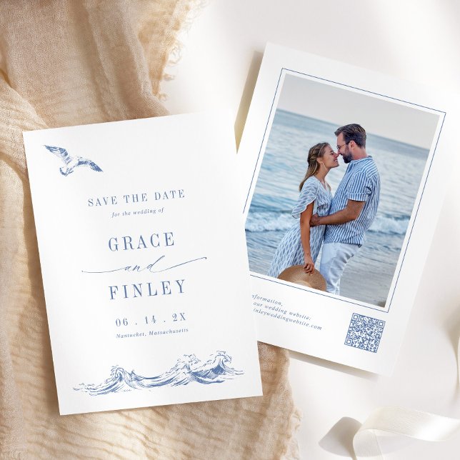 Modern Elegant Coastal Chic Blue Wedding Photo  Save The Date (Creator Uploaded)