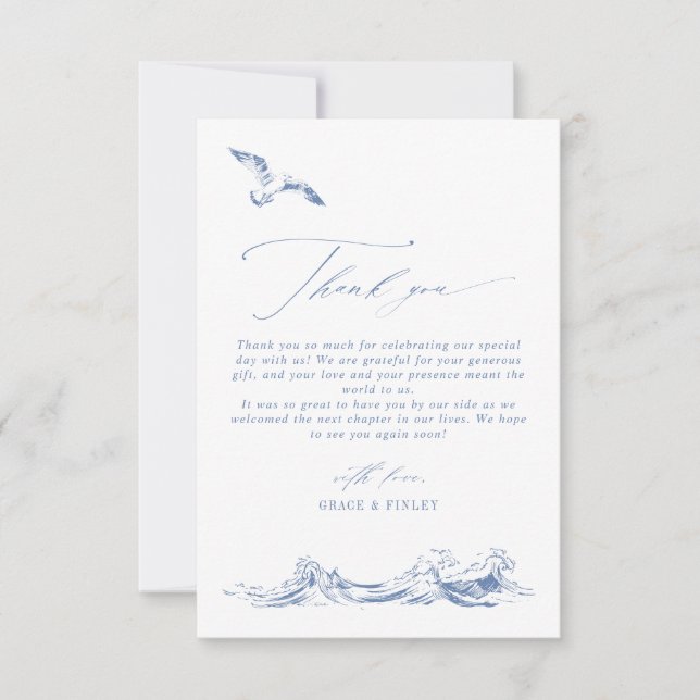 Modern Elegant Coastal Chic Blue Wedding Thank You Card (Front)