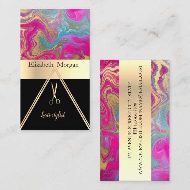Modern Elegant Colourful Marble Gold Black,Scissor Business Card (Front/Back)