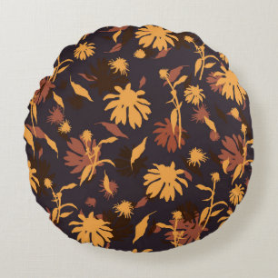 Modern Elegant Coneflowers Yellow Orange Dark Grey Round Cushion