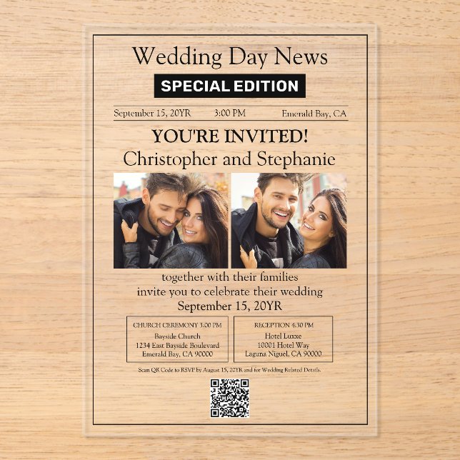 Modern Elegant Contemporary Newspaper Wedding Acrylic Invitations (Front)