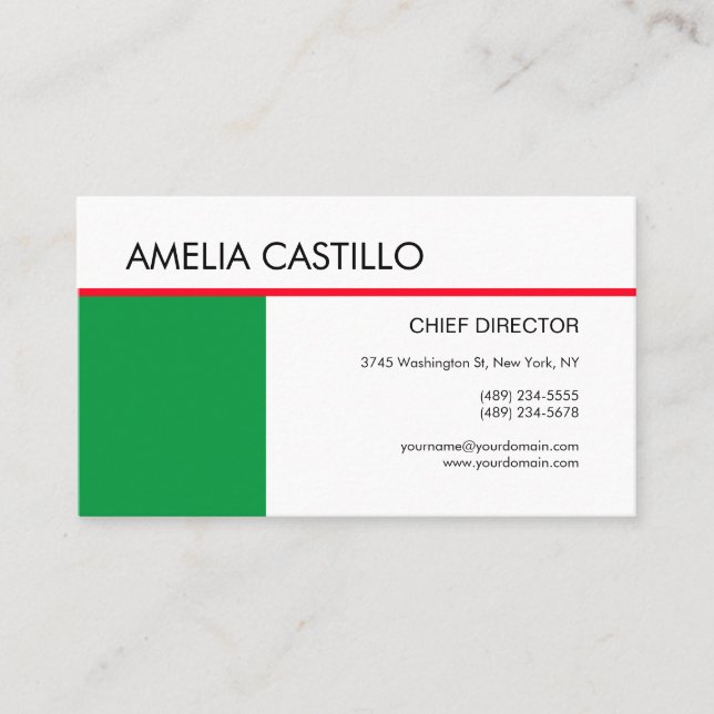Modern Elegant Contemporary Plain Green Red White Business Card (Front)