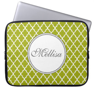 Modern, elegant, cool lime quatrefoil monogram laptop sleeve