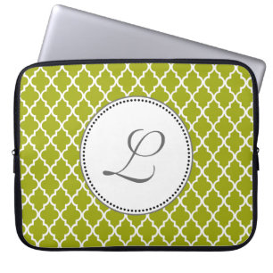 Modern, elegant, cool lime quatrefoil monogram laptop sleeve