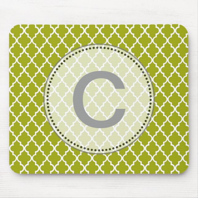 Modern, elegant, cool lime quatrefoil monogram mouse pad (Front)