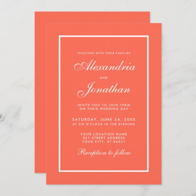 Modern Elegant Coral and White Wedding Invitation (Front/Back)