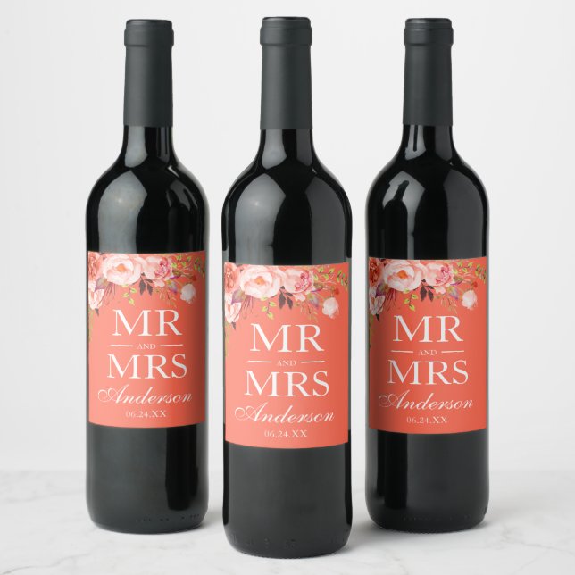 Modern Elegant Coral Floral Mr. and Mrs. Wedding Wine Label (Bottles)