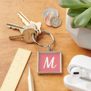 Modern Elegant Coral Pink and White Monogram Key Ring
