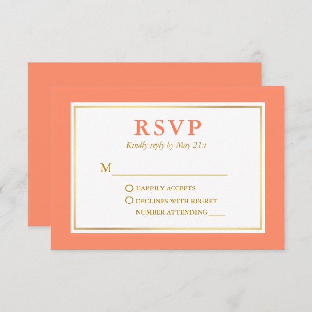 Modern Elegant Coral White Gold RSVP Card (Front/Back)