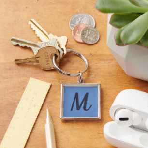 Modern Elegant Cornflower Blue Indigo Monogram Key Ring