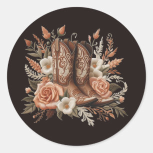 Modern Elegant Country Western- Flowers and Boots Classic Round Sticker