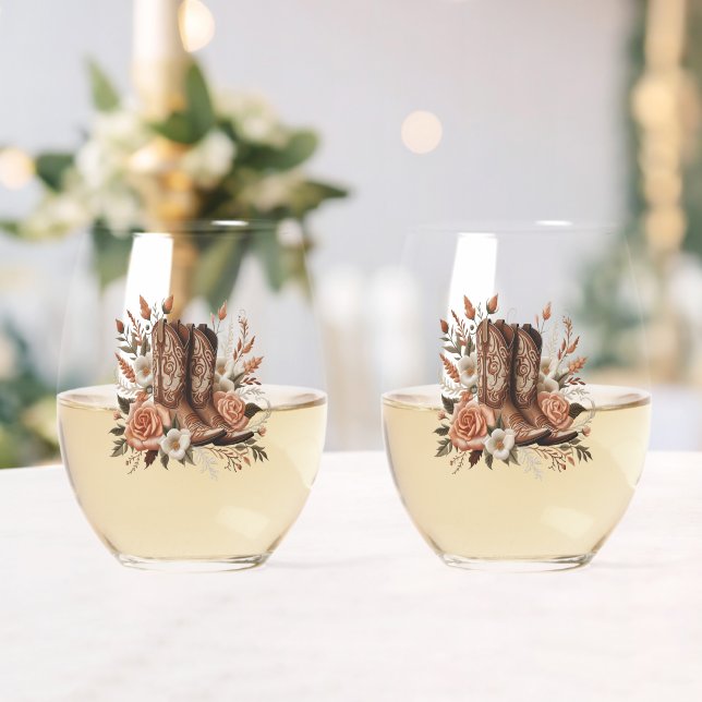 Modern Elegant Country Western- Flowers Stemless Wine Glass (Insitu (Wedding))