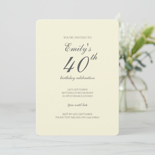 Modern Elegant Cream 40th Birthday Party Invitation (Standing Front)