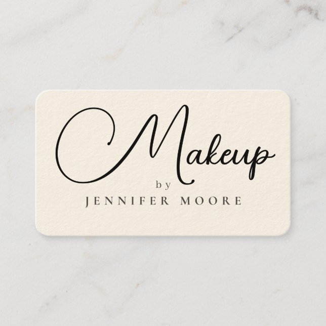 Modern Elegant Cream and Black Makeup Script Business Card (Front)