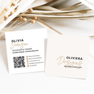 Modern Elegant Cream + Yellow Script QR Code Square Business Card
