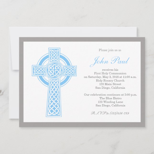 Modern Elegant Cross Communion Invitation for Boys (Front)