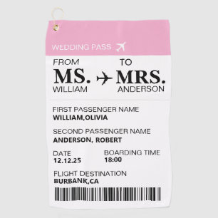 Modern Elegant Custom Bride To Be Boarding Pass Golf Towel