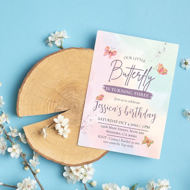 Modern elegant cute butterfly themed 3rd birthday  invitation (Creator Uploaded)
