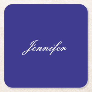 Modern Elegant Cute Unique Deep Blue Calligraphy Square Paper Coaster