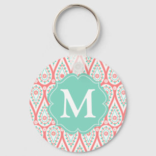 Modern Elegant Damask Coral Paisley Personalized Key Ring