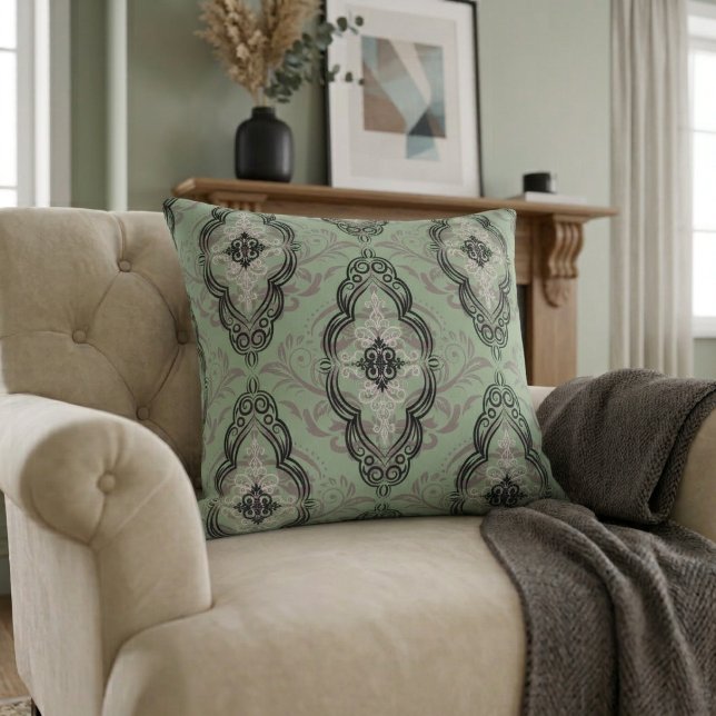 Modern Elegant Damask Pattern Sage Green Cushion (Creator Uploaded)