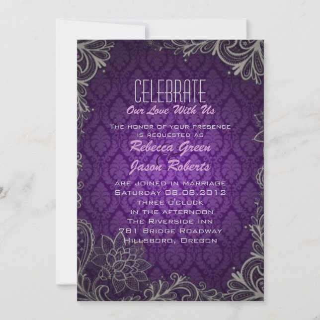 modern elegant damask purple wedding invitation (Front)