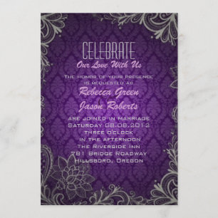 modern elegant damask purple wedding invitation